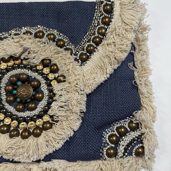 La Bellum Hillary Scott Jute Fringe Beaded Boho Envelope Crossbody Purse Bag Blu - Picture 3 of 11